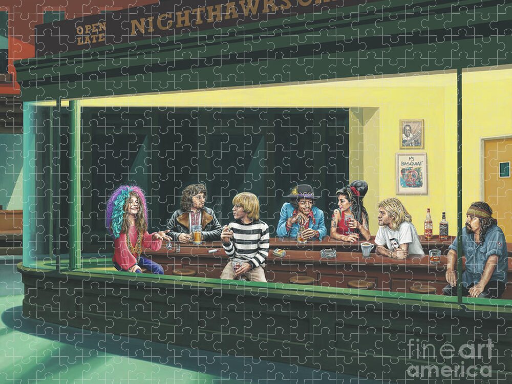 27 Club. Nighthawks Jigsaw Puzzle featuring the painting After Party by Leigh Banks