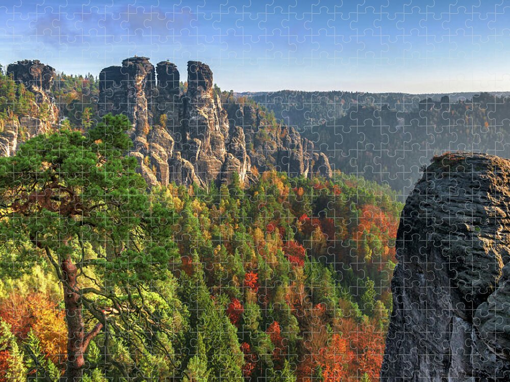 Saxon Switzerland Jigsaw Puzzle featuring the photograph After sunrise on the Bastei rocks by Sun Travels
