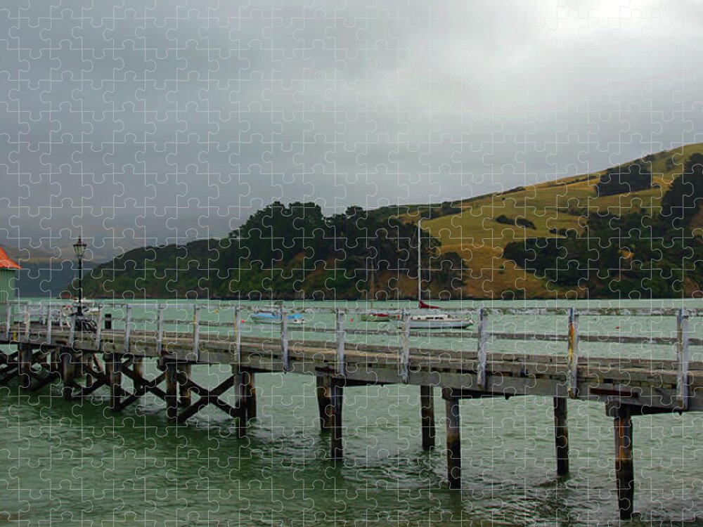 Pier Jigsaw Puzzle featuring the photograph Orange Capped Gazebo on Long Pier - Fine Art Print by Kenneth Lane Smith