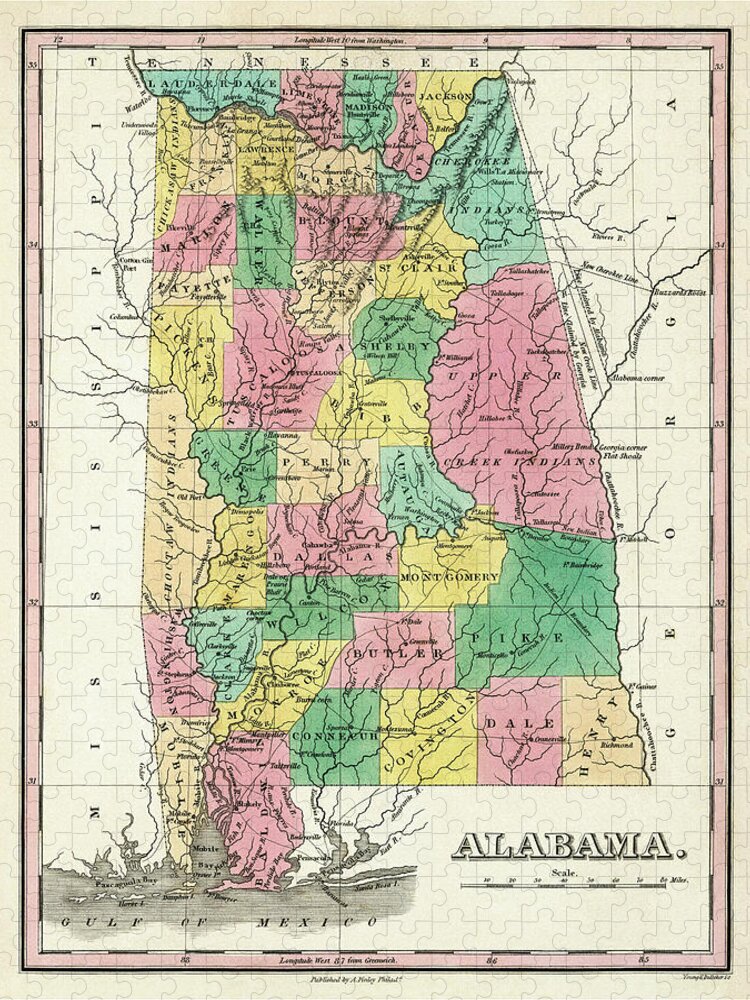 Alabama Map Jigsaw Puzzle featuring the photograph Alabama Historical Vintage Map 1827 by Carol Japp