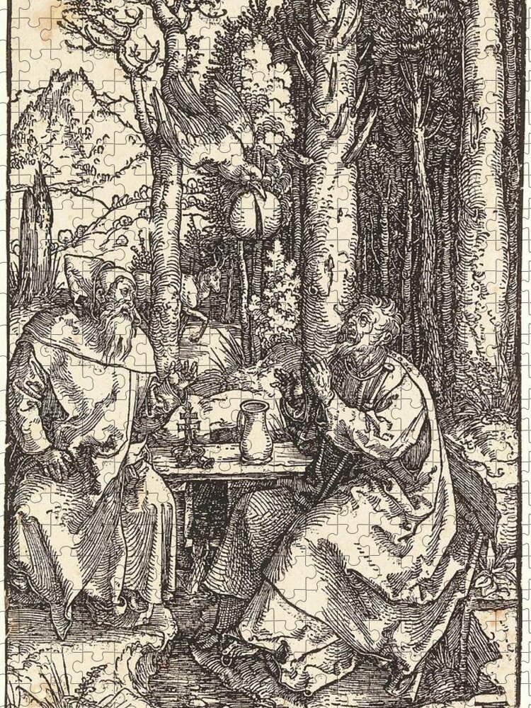 Albrecht Durer Nuremberg 1471 1528 Hermits Anthony And Paul Jigsaw Puzzle featuring the painting Albrecht Durer Nuremberg 1471 1528 Hermits Anthony and Paul, c. 1504, woodcut on laid paper, monogr by MotionAge Designs