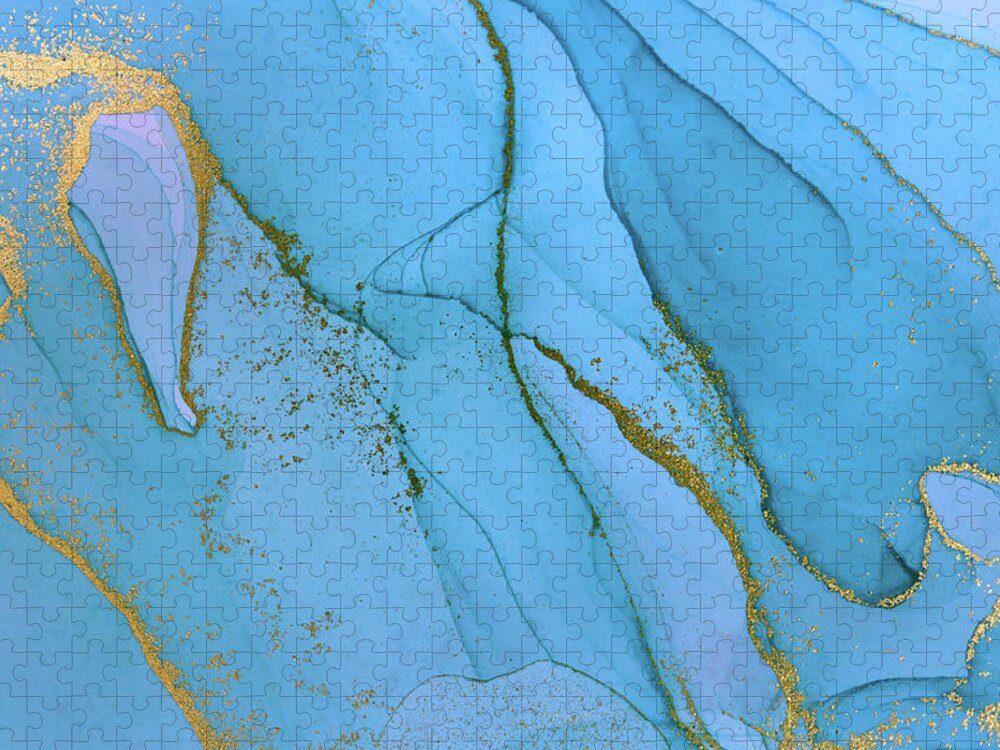 Blue Jigsaw Puzzle featuring the painting Alcohol ink blue and gold abstract background. Ocean style water by Tony Rubino