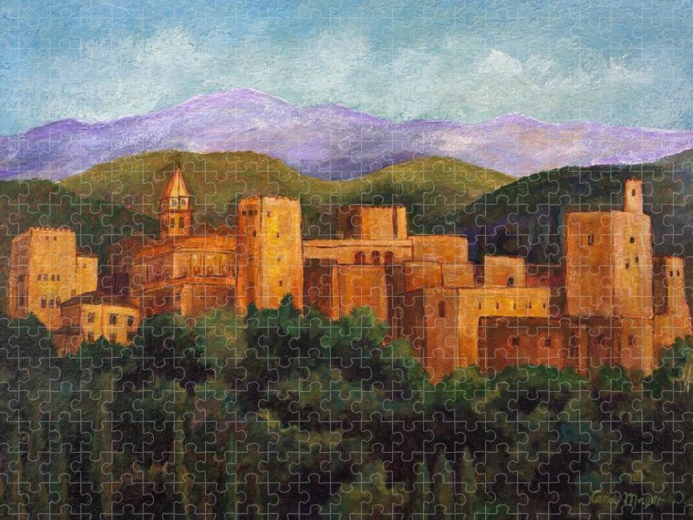 Alhambra Landscape Jigsaw Puzzle featuring the painting Alhambra at Sunset by Candy Mayer