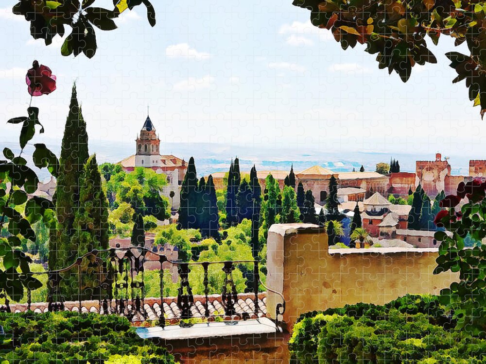 Alhambra Jigsaw Puzzle featuring the photograph Alhambra gardens, digital paint by Tatiana Travelways