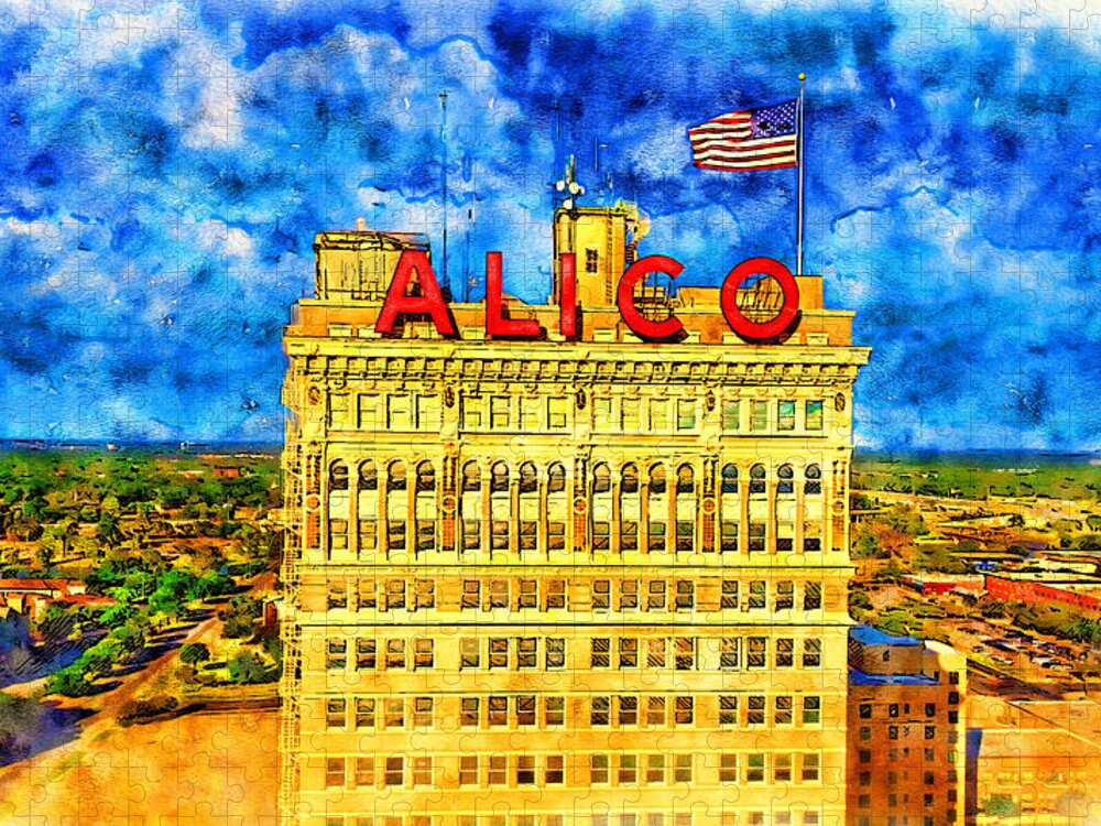 Alico Building Jigsaw Puzzle featuring the digital art ALICO Building in downtown Waco, Texas - pen and watercolor by Nicko Prints