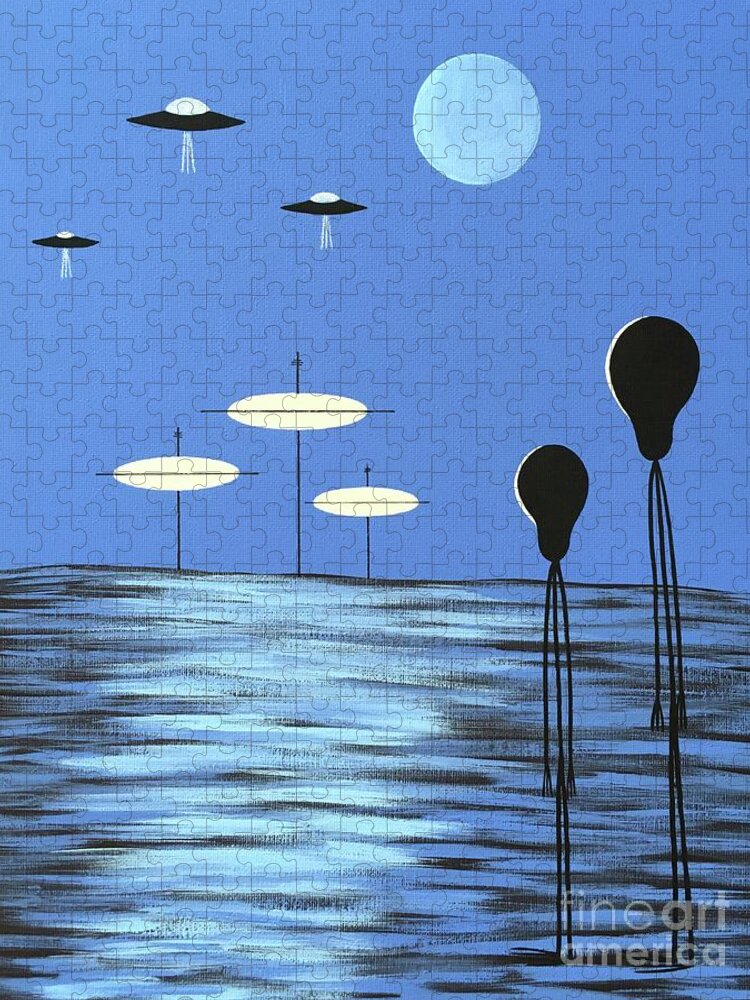 Retro Jigsaw Puzzle featuring the painting Space Aliens on Blue Planet by Donna Mibus