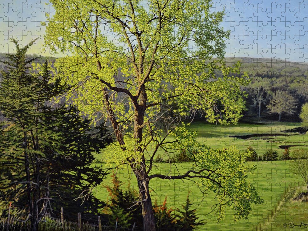 Spring Morning Jigsaw Puzzle featuring the painting Along the Southeast Corner Fenceline by Bruce Morrison