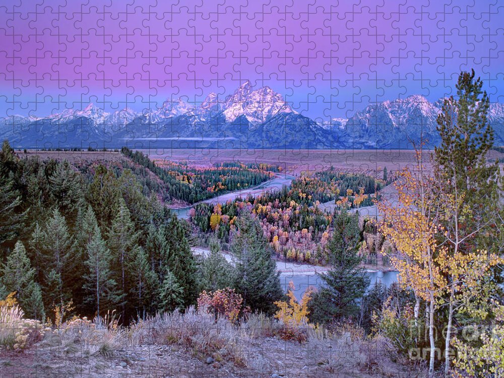 Dave Welling Jigsaw Puzzle featuring the photograph Alpenglow Snake River Overlook Grand Tetons Np by Dave Welling