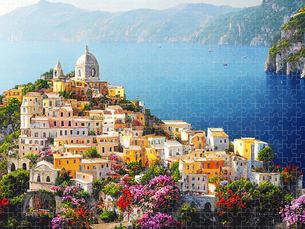 Italy Jigsaw Puzzle featuring the painting Amalfi Coast, Italian Panorama, 06 by AM FineArtPrints