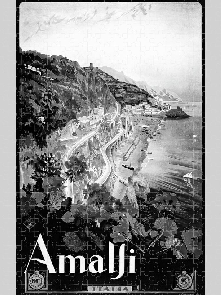 Amalfi Jigsaw Puzzle featuring the photograph Amalfi Coast Italy Retro Vintage Travel Poster Black and White by Carol Japp