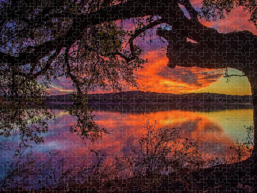 Texas Hill Country Jigsaw Puzzle featuring the photograph Amazing Oak Sunset at Boerne City Lake by Lynn Bauer