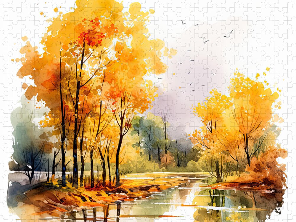 Autumn Watercolor Painting Jigsaw Puzzle featuring the digital art Amber and Gold - An Autumn Impression by Lourry Legarde