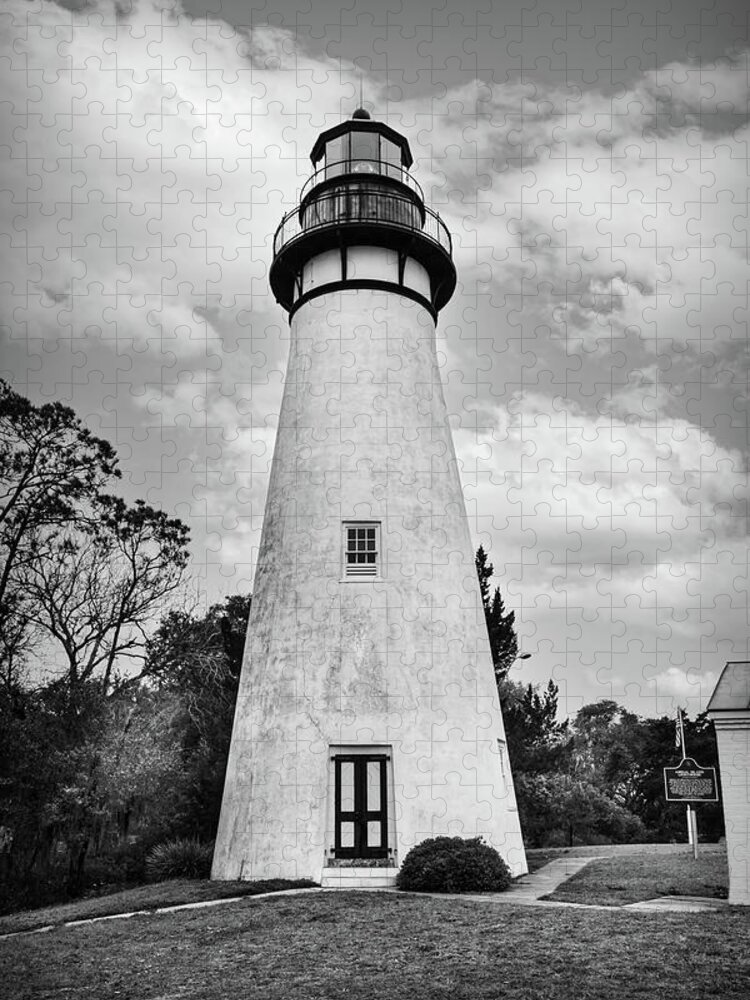 Clouds Jigsaw Puzzle featuring the photograph Amelia Island Lighthouse in the Clouds in Black and White by Debra and Dave Vanderlaan