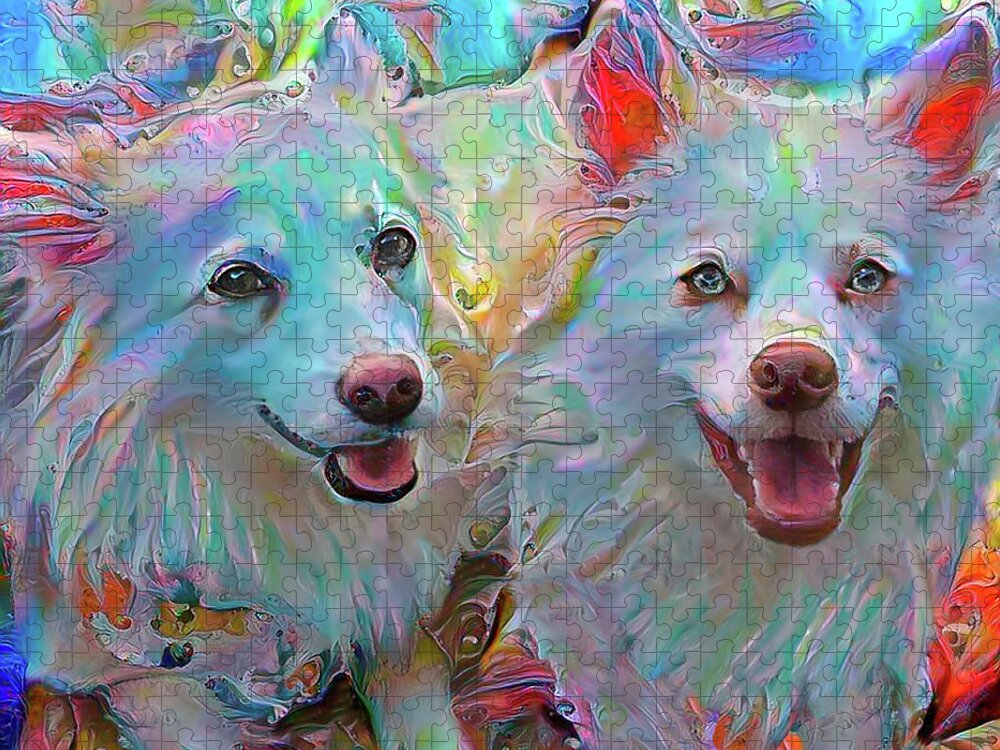 Eskimo Dogs Jigsaw Puzzle featuring the mixed media American Eskimo Dogs - Koki and Bizzy by Peggy Collins