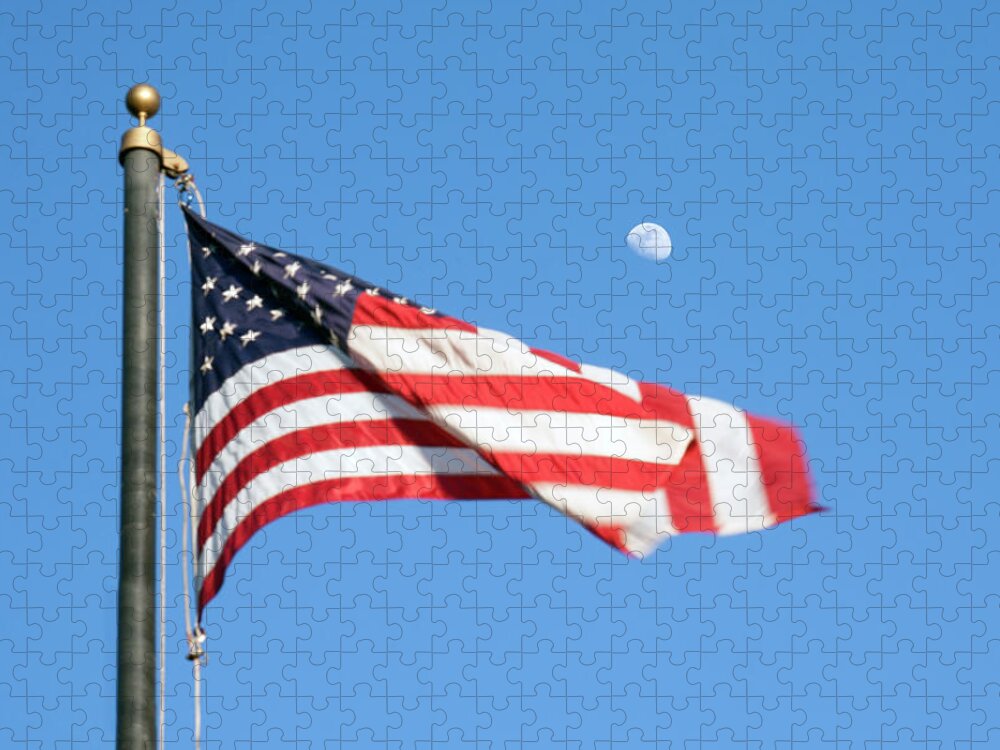 American Flag Jigsaw Puzzle featuring the photograph American Flag with Moon by Marilyn Hunt