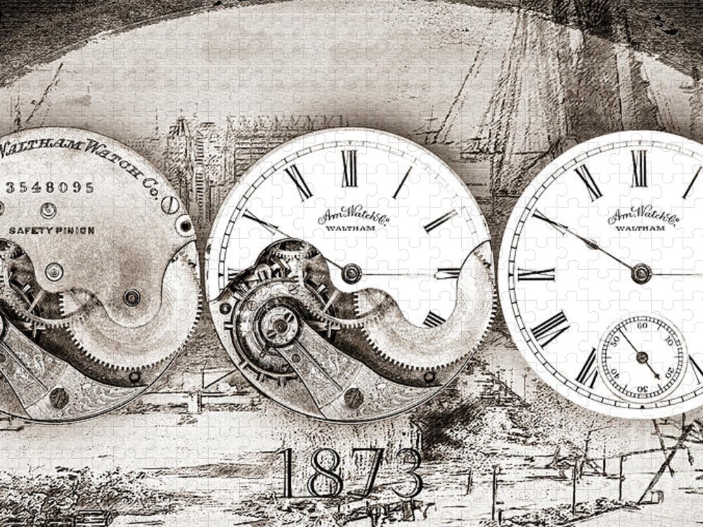 Digital Jigsaw Puzzle featuring the digital art American Watch Company Waltham Pocket Watch - Black And White by Anthony Ellis