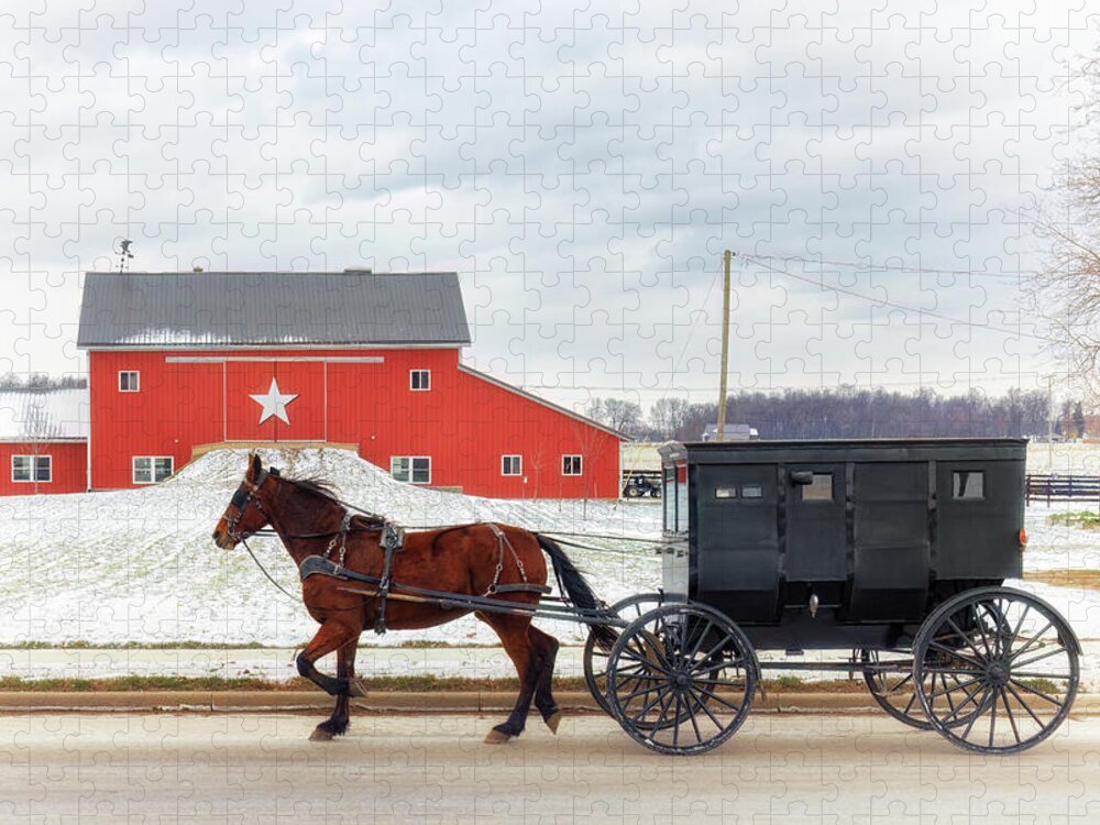 Amish Jigsaw Puzzle featuring the photograph Amish Buggy at the Star Barn by Susan Rissi Tregoning