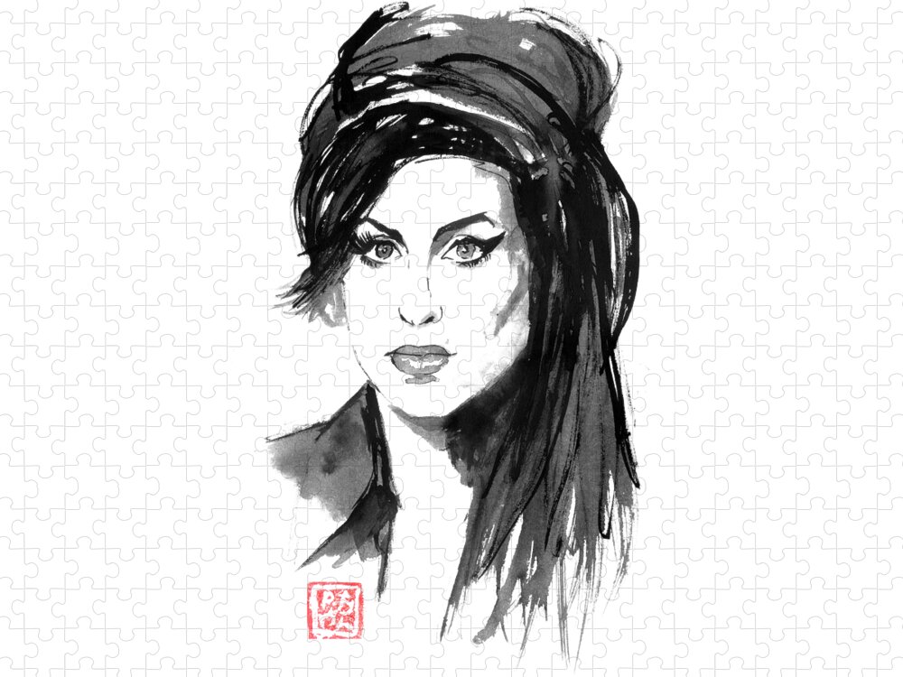 Amy Winehouse Jigsaw Puzzle featuring the drawing Amy Winehouse by Pechane Sumie