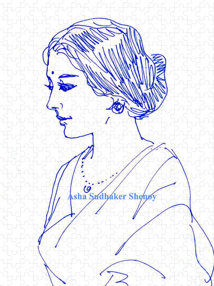 Sari Clad Woman Jigsaw Puzzle featuring the drawing An Indian lady in Sari by Asha Sudhaker Shenoy