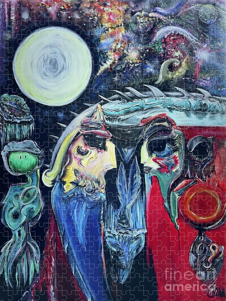 Universal Jigsaw Puzzle featuring the painting Andromedas Ambient Conversation About the Apex in full moon by Tara Strange Dunbar
