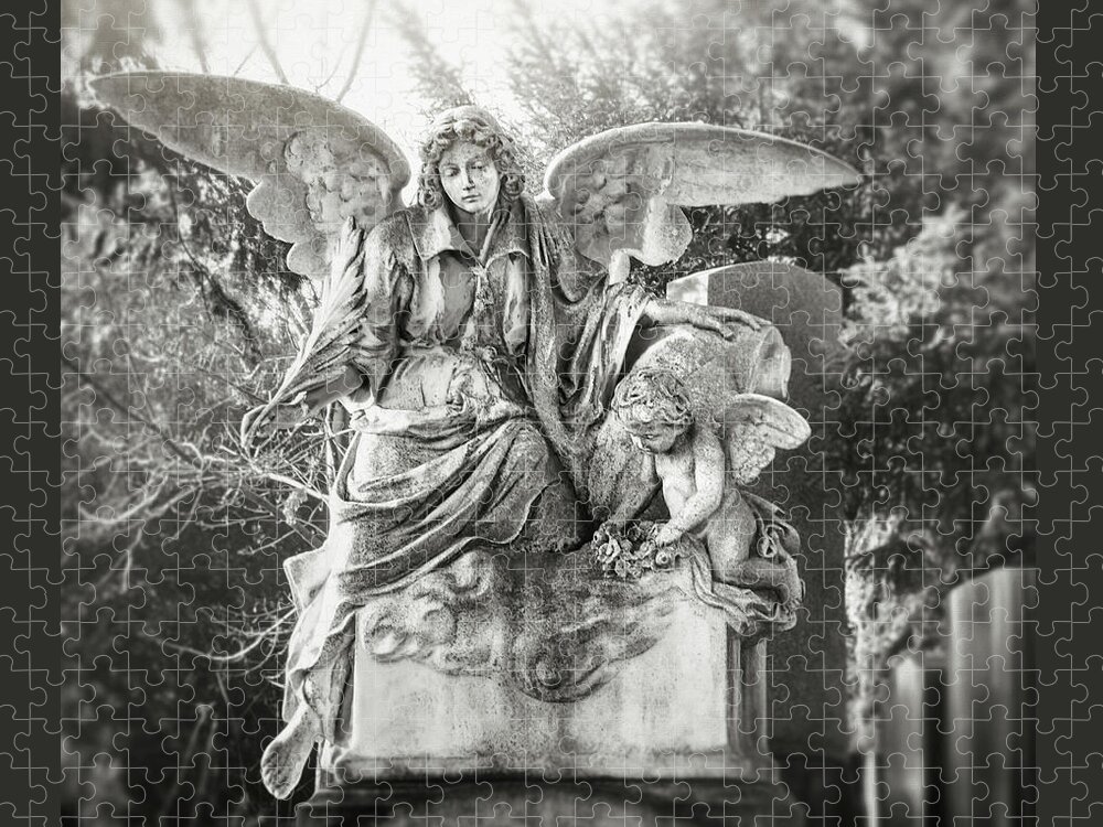 Cemetery Jigsaw Puzzle featuring the photograph Angel and Cherub Zentralfriedhof Vienna Black and White Square by Carol Japp