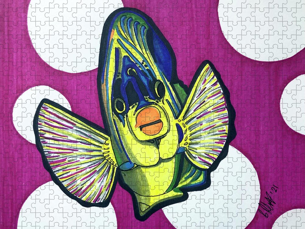 Angel Fish Jigsaw Puzzle featuring the drawing Angel Fish Yellow by Creative Spirit