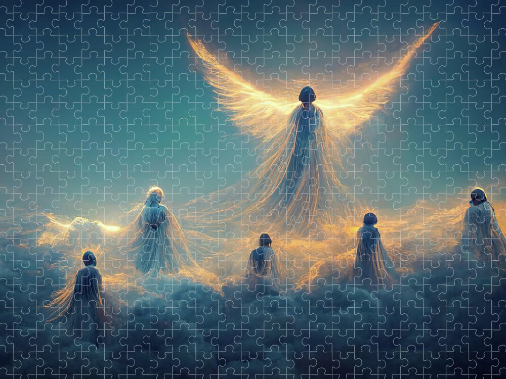 Angel Jigsaw Puzzle featuring the digital art Angel on clouds in Heaven 01 by Matthias Hauser