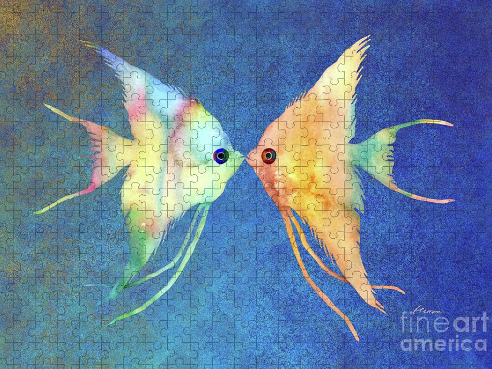 Fish Jigsaw Puzzle featuring the painting Angelfish Kissing on Blue by Hailey E Herrera