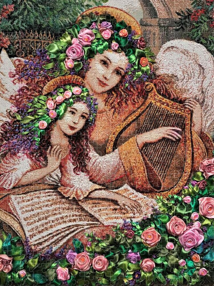 Angels Art Ribbon Embroidery On Tapestry. Home Décor Wall Art Beautiful Religious Scene To Adorn Your Formal Living Or Dining Room Art For Sale Angels Art For Wall Jigsaw Puzzle featuring the tapestry - textile Angels by Tanya Harr