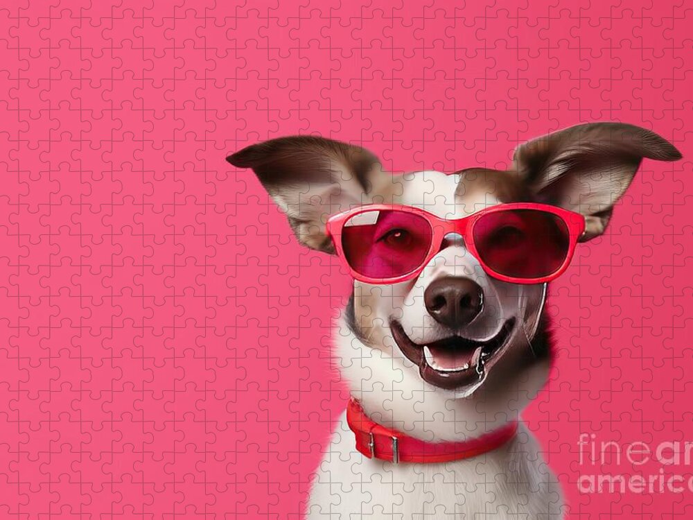 Dog Jigsaw Puzzle featuring the painting Animal Sunglasses Pet Smile Funny Cute Portrait Isolated Concept Background Dog Animal Birthday Party Fun Red Cool Stylish Summer Doggy Small White Humor Studio Canino Goggles Trendy Copy Space by N Akkash