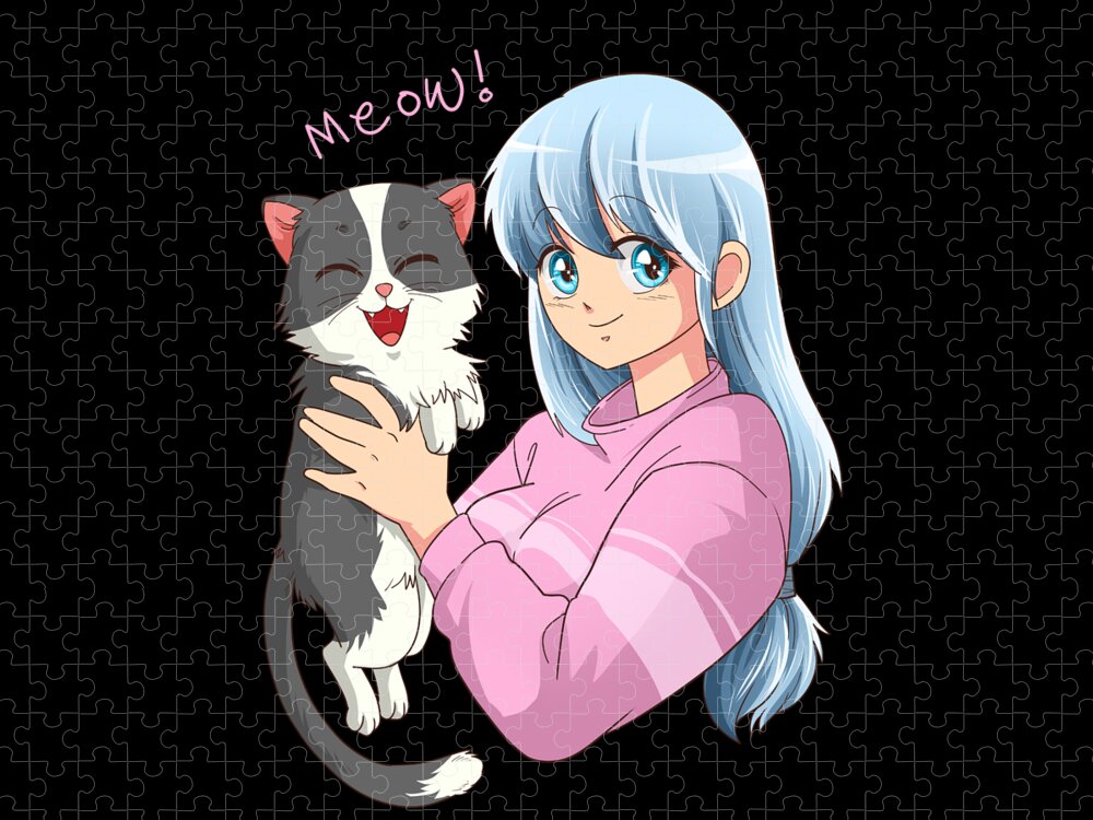 Kawaii Anime Neko Cat Girl With white hair | Art Print