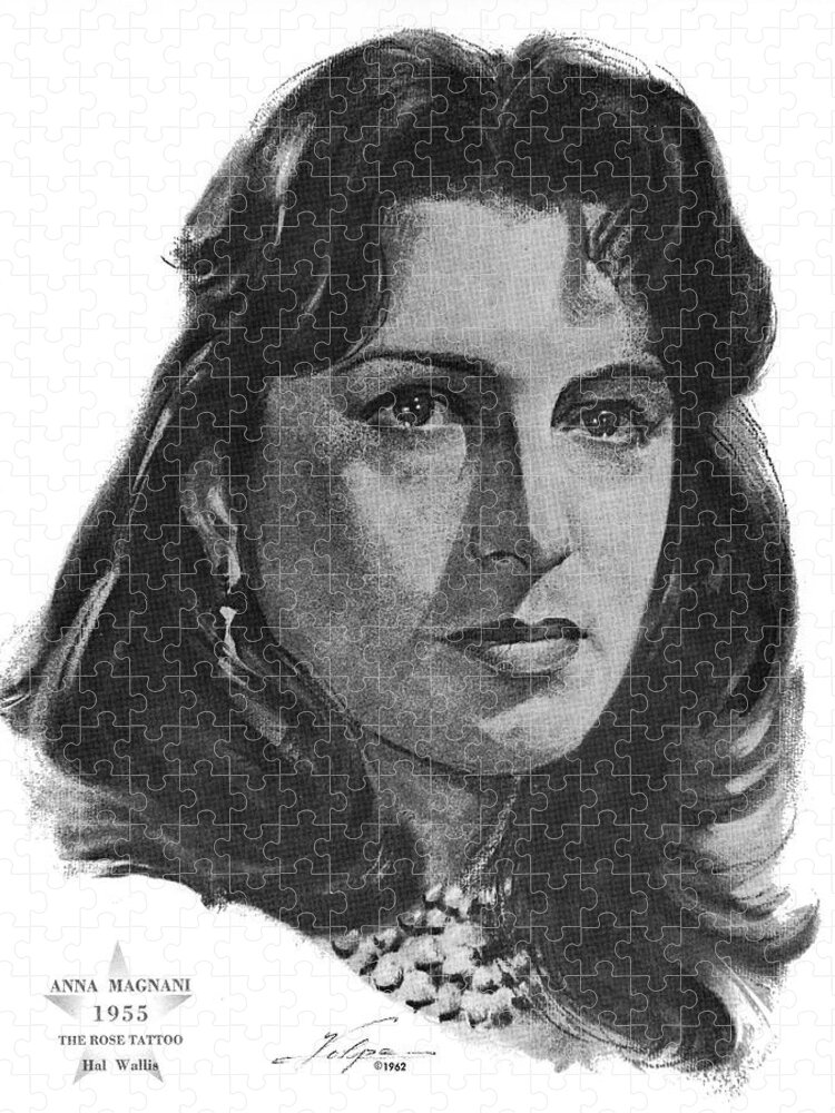 Anna Jigsaw Puzzle featuring the drawing Anna Magnani 1955 by Movie World Posters