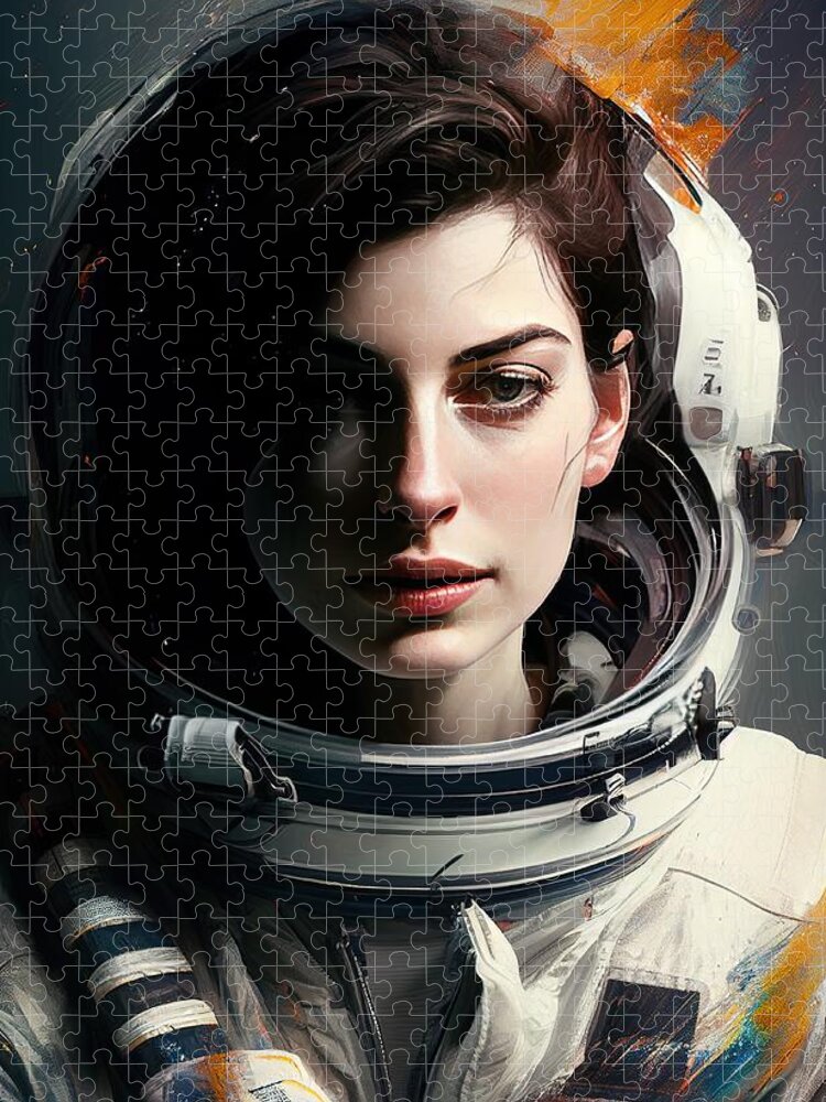 Interstellar Jigsaw Puzzle featuring the painting Anne Hathaway as Brand No.4 by My Head Cinema