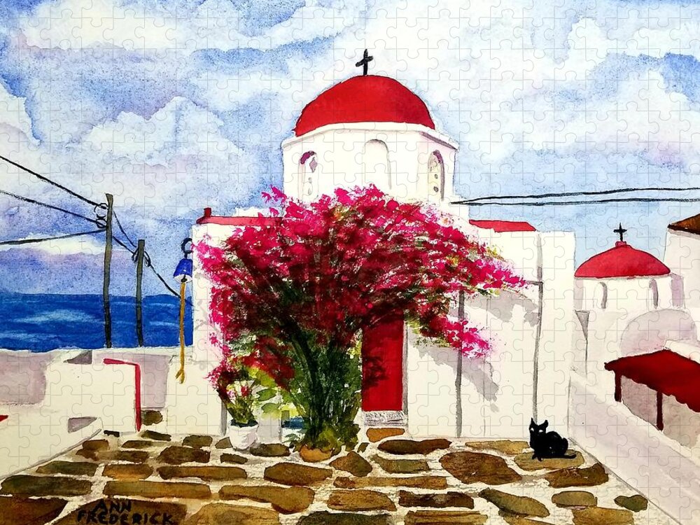 Santorini Jigsaw Puzzle featuring the painting Anns' Santorini by Ann Frederick
