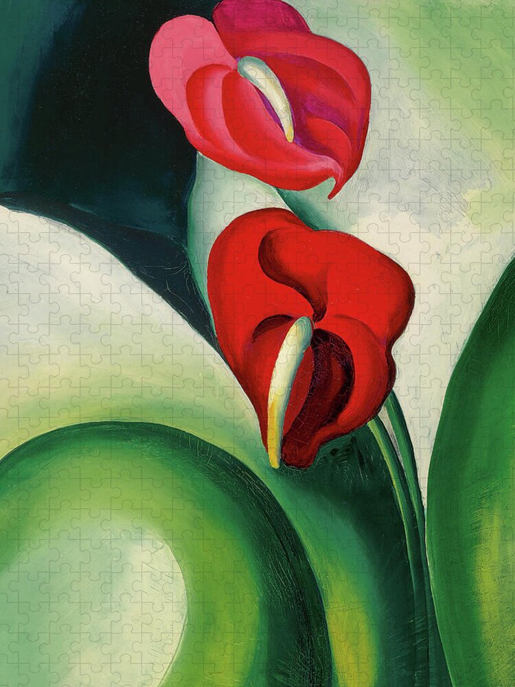 Georgia O'keeffe Jigsaw Puzzle featuring the painting Anthurium, flamingo flower - modernist plant painting by Georgia O'Keeffe