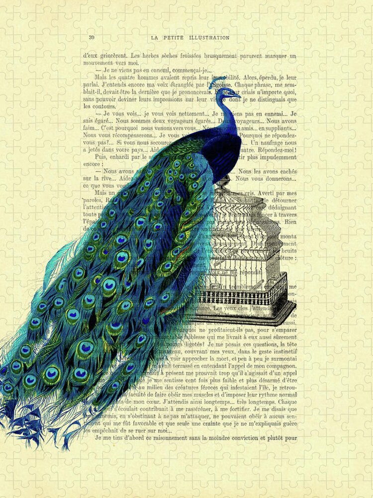 Peacock Jigsaw Puzzle featuring the digital art Antique bird cage peacock art by Madame Memento