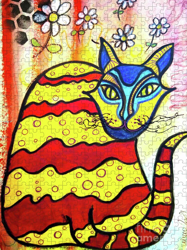 Cat Jigsaw Puzzle featuring the mixed media ANTOINE the DaisyLoving AlleyCat by Mimulux Patricia No