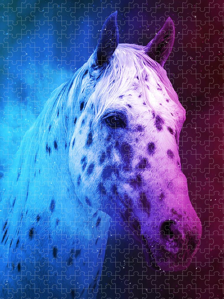 Appaloosa Jigsaw Puzzle featuring the digital art Appaloosa horse close up portrait in blue and violet by Nicko Prints