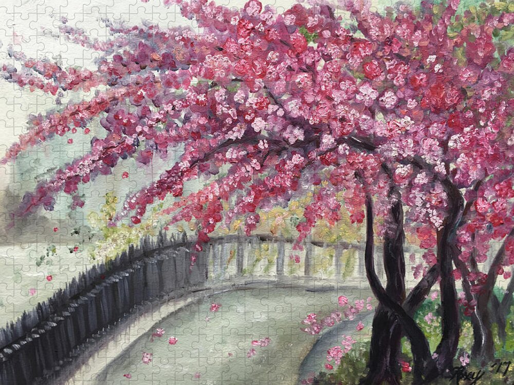 Paris Jigsaw Puzzle featuring the painting April in Paris Cherry Blossoms by Roxy Rich