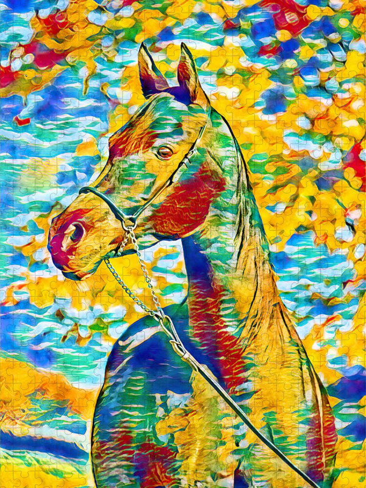 Arabian Horse Jigsaw Puzzle featuring the digital art Arabian horse colorful portrait in blue, cyan, green, yellow and red by Nicko Prints