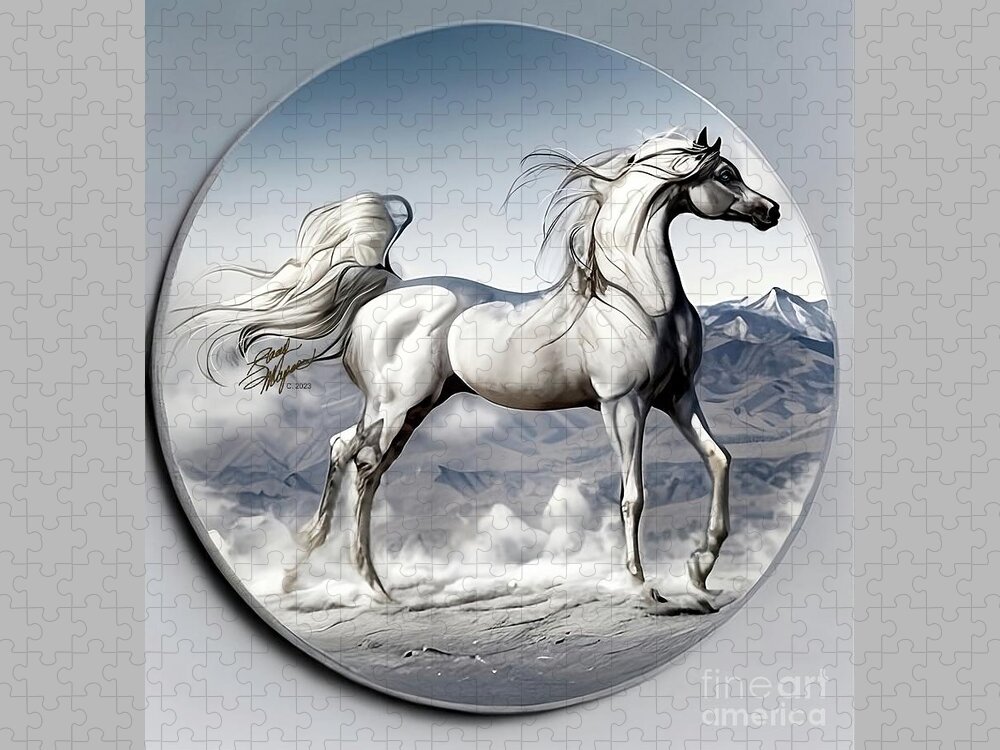Horses Jigsaw Puzzle featuring the digital art Arabian Horse Overlook - Silver by Stacey Mayer