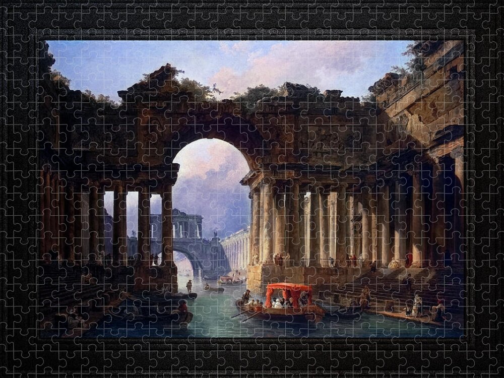 Architectural Landscape With A Canal Jigsaw Puzzle featuring the painting Architectural Landscape With A Canal by Hubert Robert by Rolando Burbon