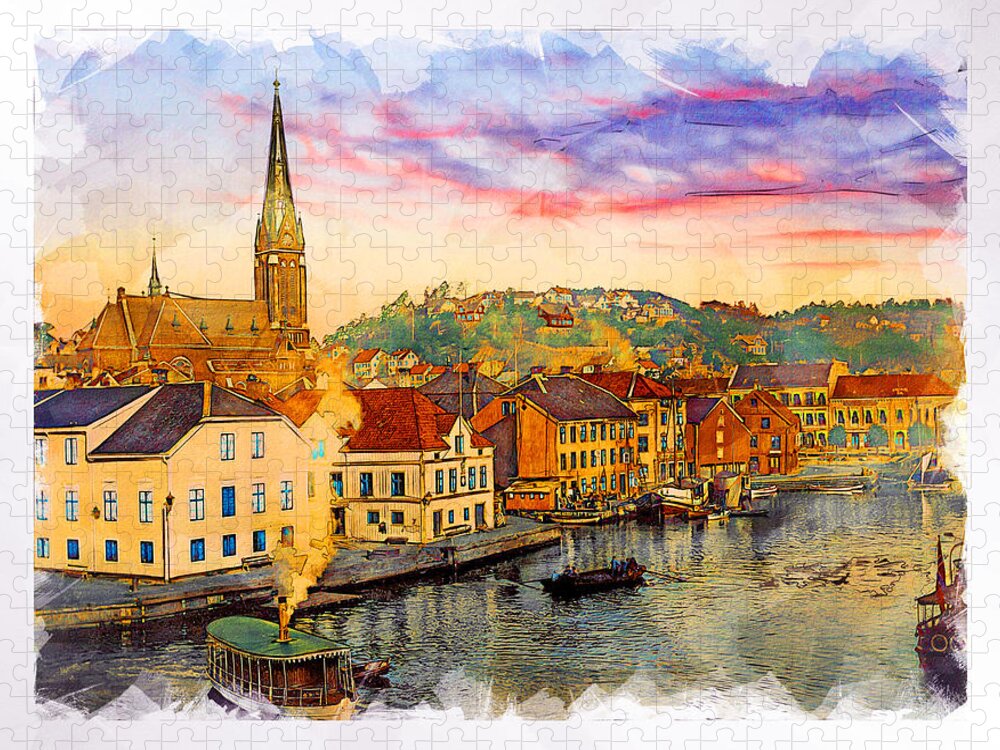 Arendal Jigsaw Puzzle featuring the digital art Arendal c. 1910 by Geir Rosset