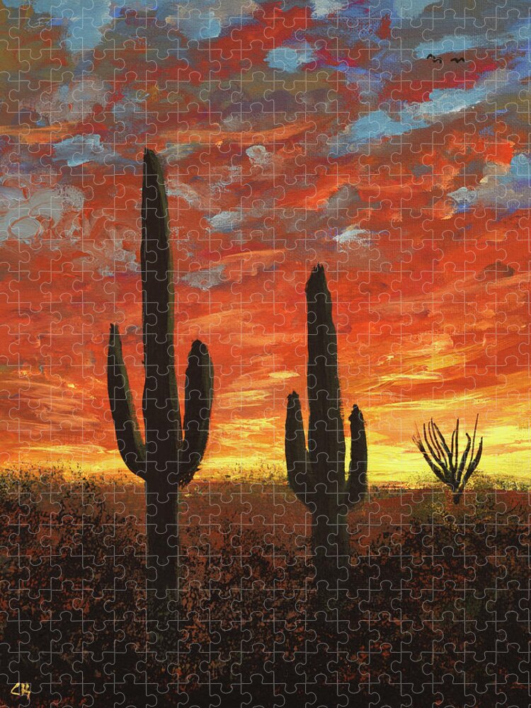 Arizona Jigsaw Puzzle featuring the painting Arizona Sunset and Saguaro Cacti by Chance Kafka