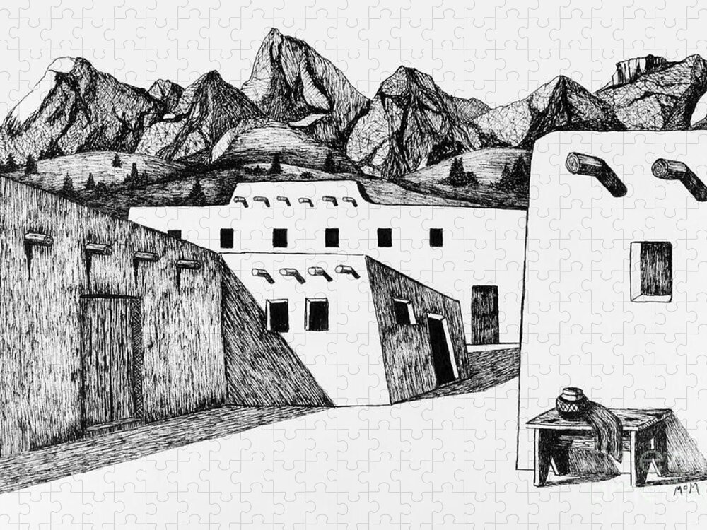 Navajo Pueblo Jigsaw Puzzle featuring the drawing Arizonia Pueblo by Garry McMichael