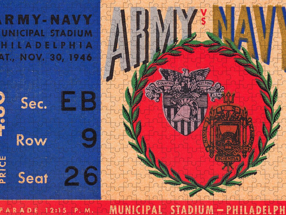 Army Navy Football Art Jigsaw Puzzle featuring the mixed media Army Navy Game 1946 by Row One Brand