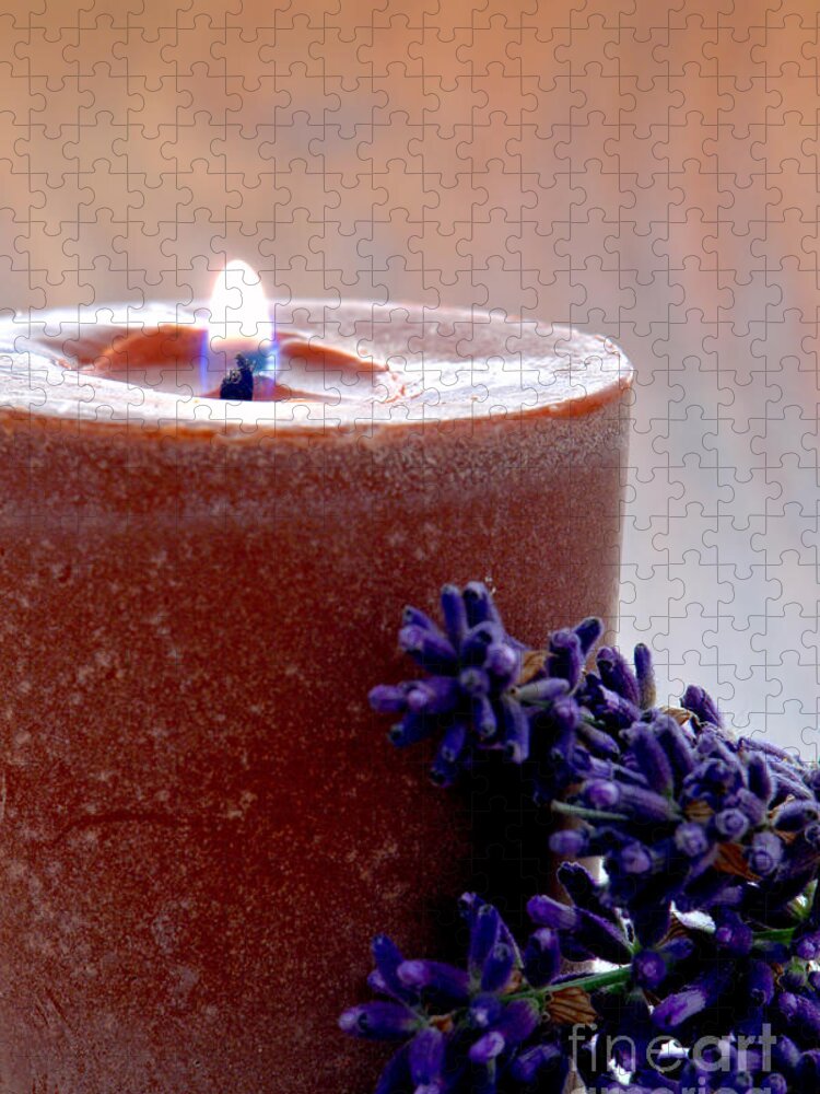 Aromatherapy Jigsaw Puzzle featuring the photograph Aromatherapy Candle and Lavender Flowers in a Spa by Olivier Le Queinec