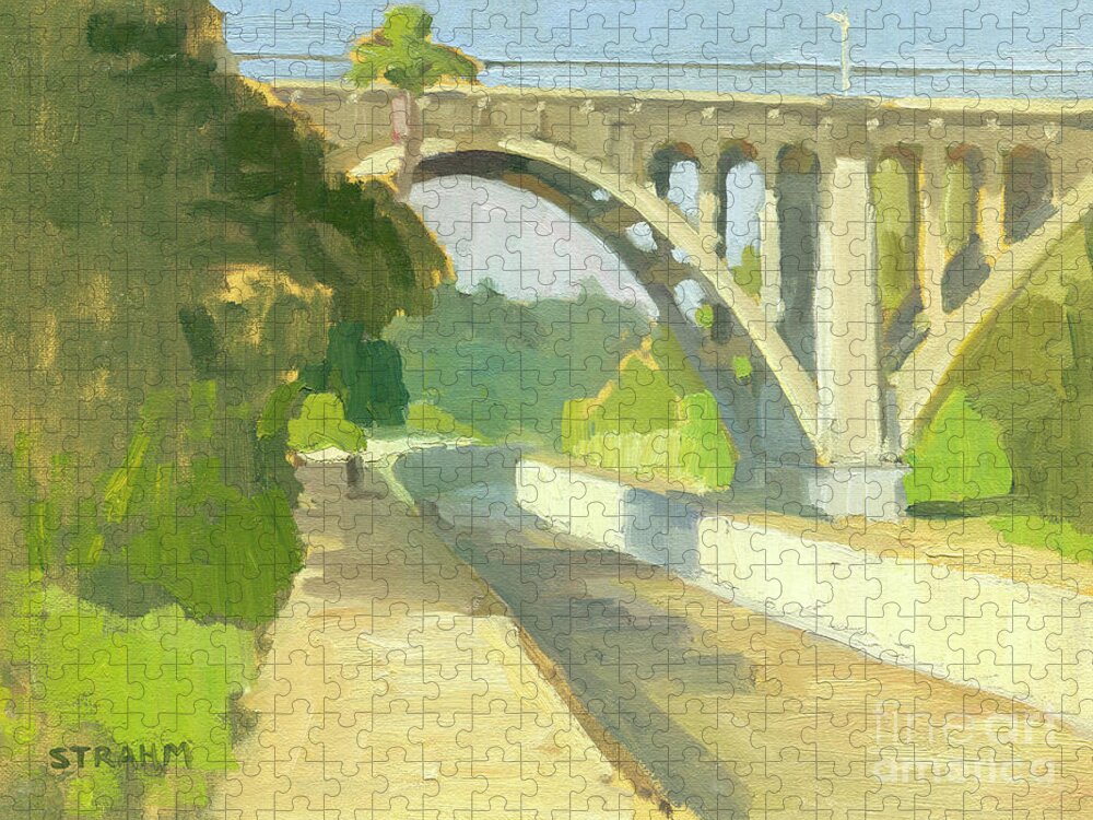 Arroyo Seco Jigsaw Puzzle featuring the painting Arroyo Seco and Colorado Street Bridge by Paul Strahm