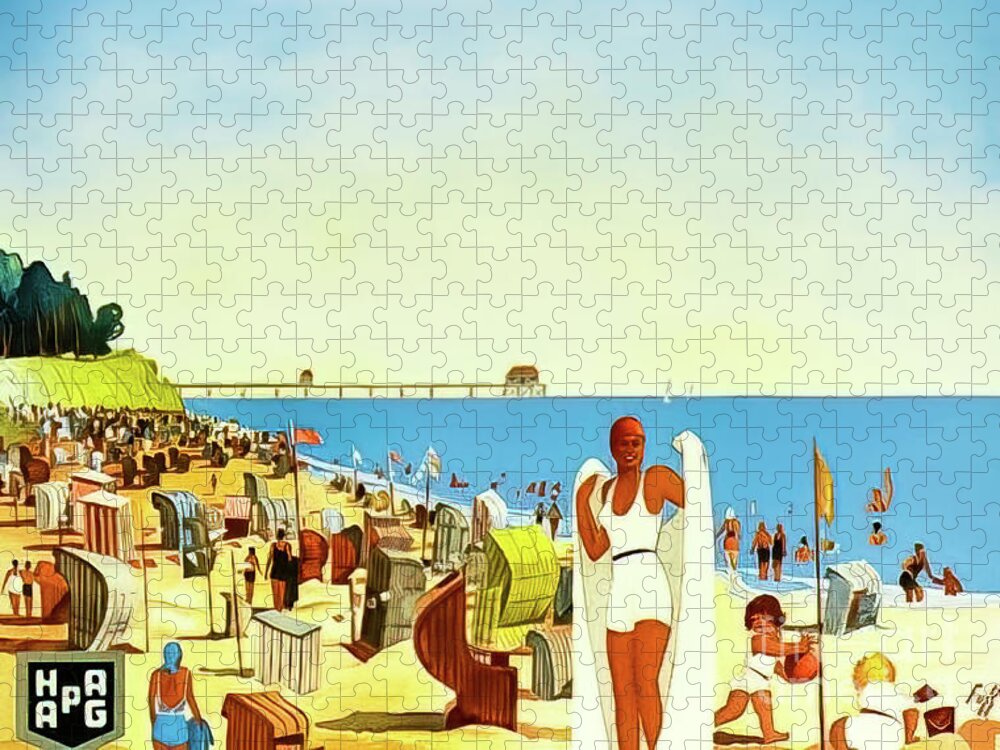 1932 Jigsaw Puzzle featuring the drawing Art Deco German Beach Poster 1932 by M G Whittingham