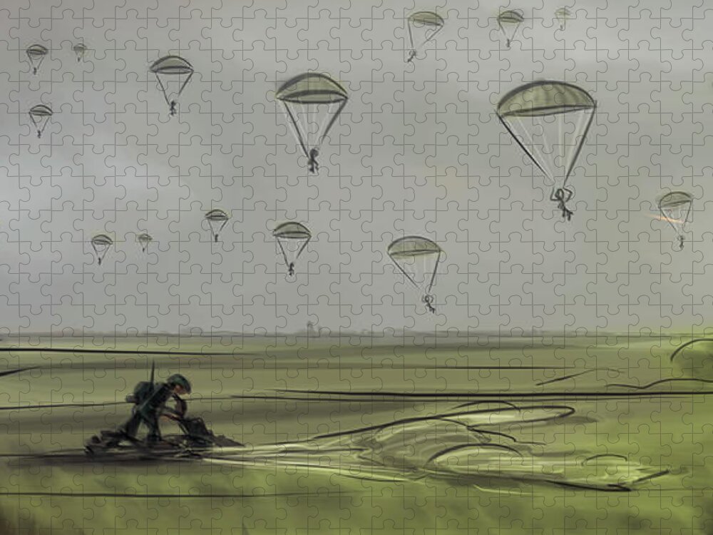 World War Two Jigsaw Puzzle featuring the digital art Art -- The Men Who Jumped by Matthias Zegveld